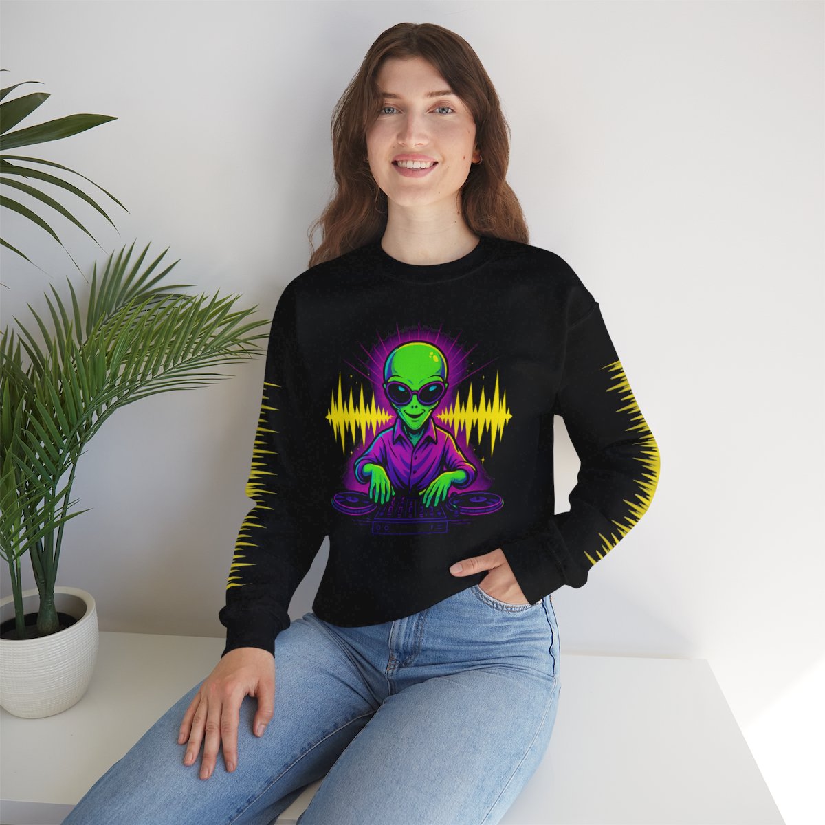 Soundwaves and Starships- Alien DJ Sweatshirt — Intergalactic Music Voyager, Space Aesthetic, EDM Streetwear, Sci-Fi Vibes, Unisex Style, Festival-Ready Fit